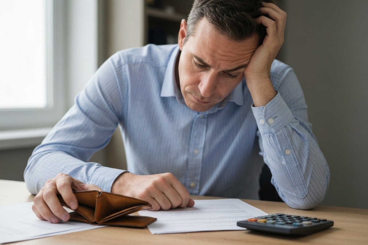 Hombre preocupado con la cartera vacía revisando facturas en situación de insolvencia