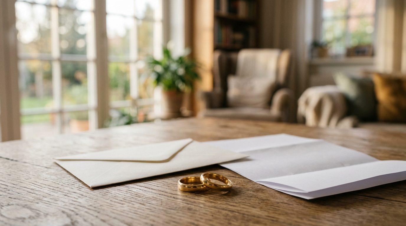 Deudas del cónyuge: alianzas junto a una carta de reclamación sobre una mesa de hogar